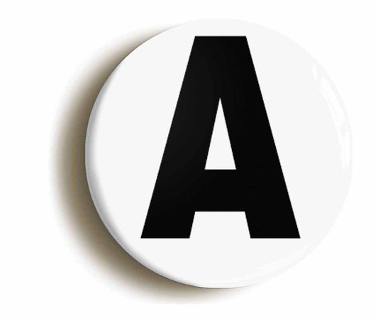 A picture of the front of the product, titled Letter A Button Pin Badge