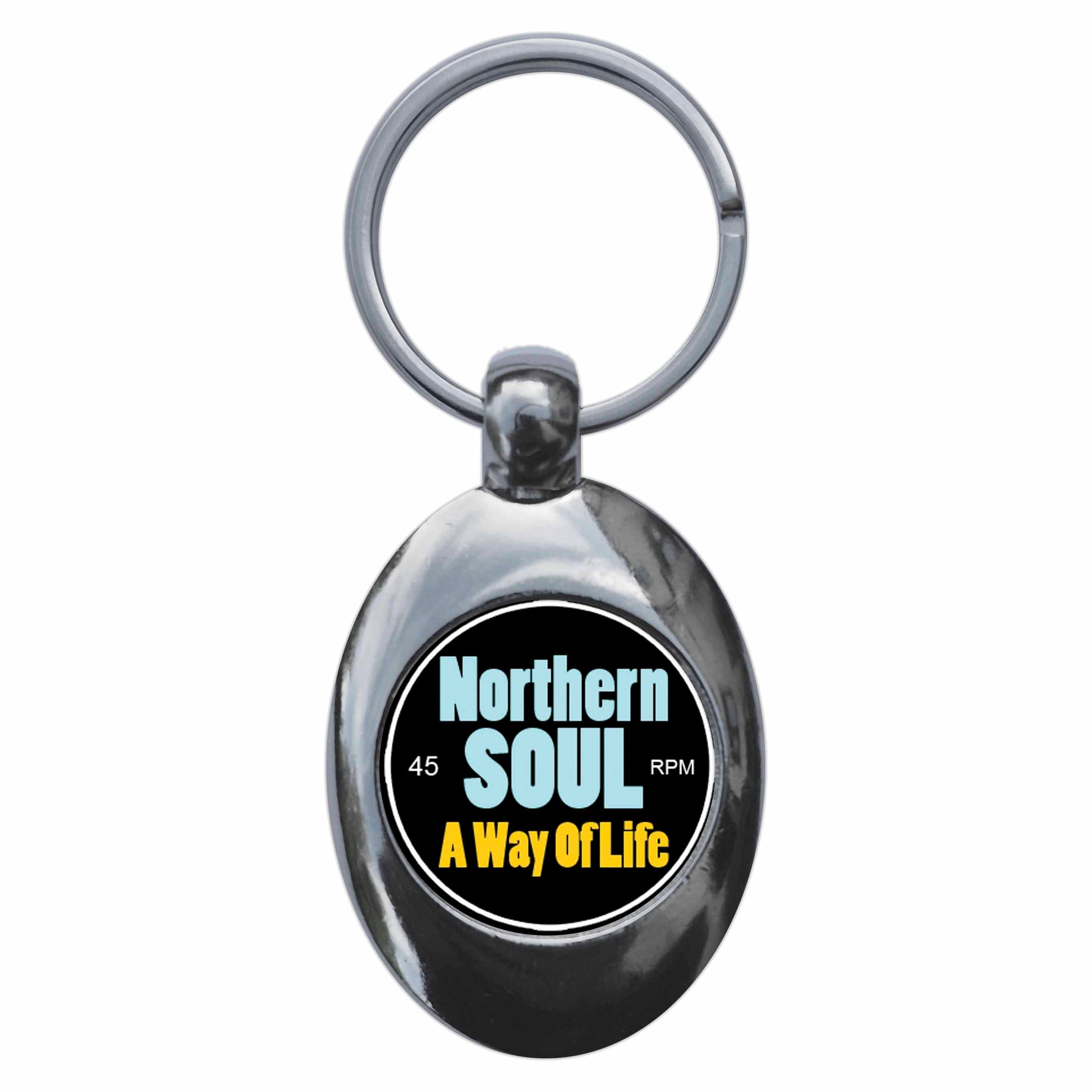 A picture of the front of the product, titled Northern Soul A Way Of Life Metal Keyring With Trolley Coin