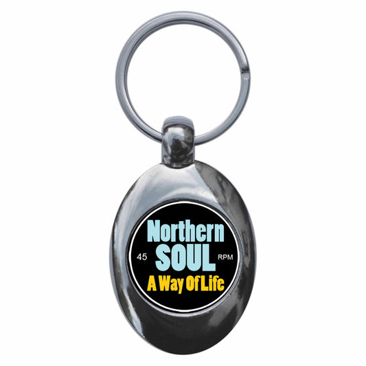 A picture of the front of the product, titled Northern Soul A Way Of Life Metal Keyring With Trolley Coin