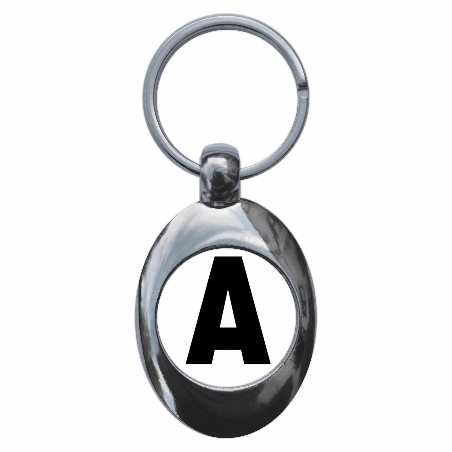 A picture of the front of the product, titled Letter A Metal Keyring With Trolley Coin