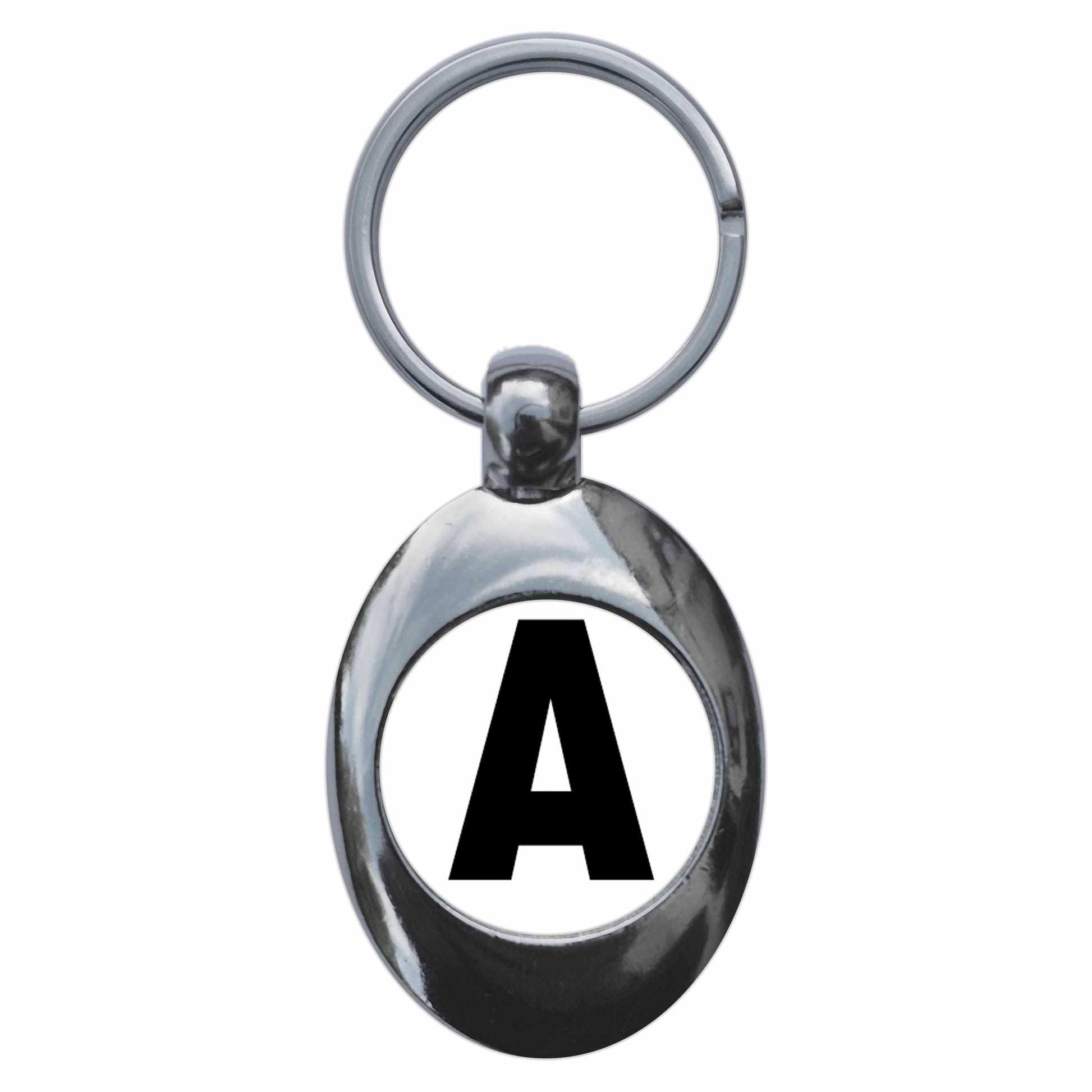A picture of the front of the product, titled Letter A Metal Keyring With Trolley Coin