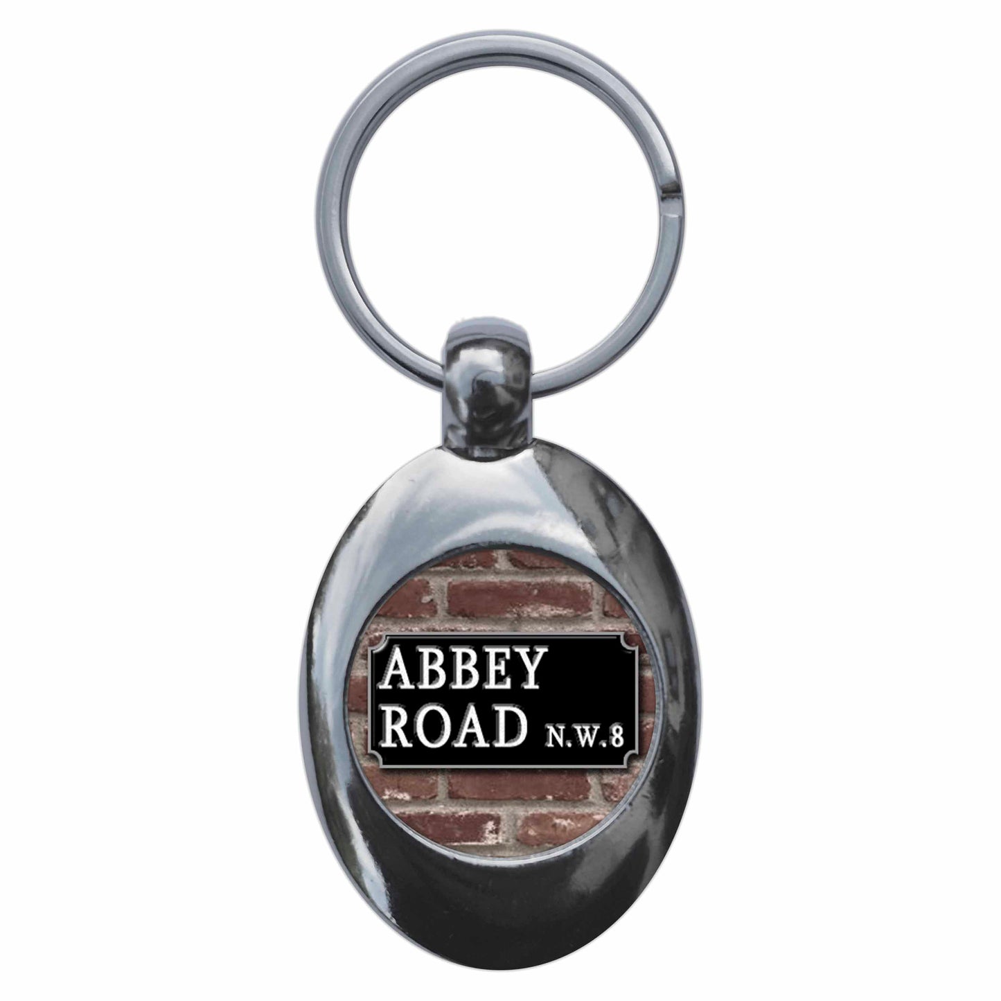 A picture of the front of the product, titled Abbey Road Metal Keyring With Trolley Coin