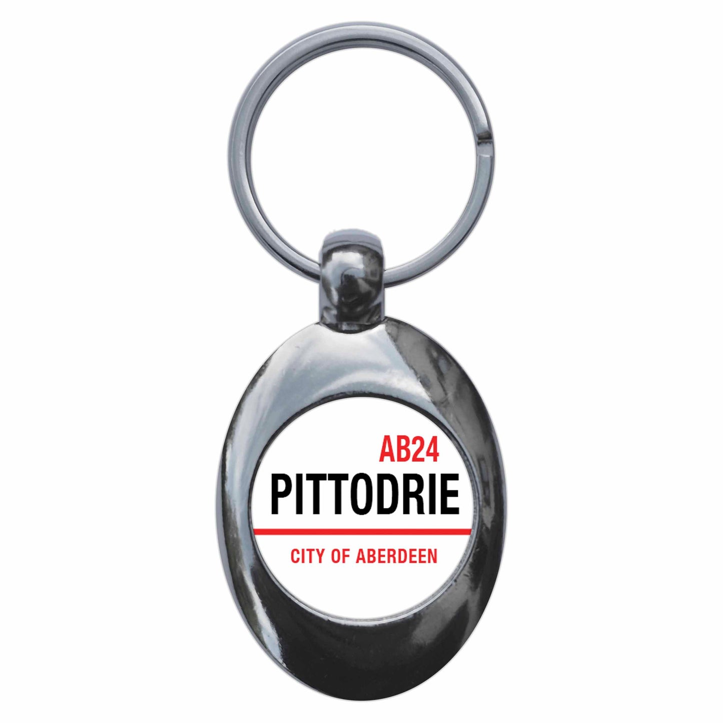 A picture of the front of the product, titled Pittodrie AB24 Aberdeen Road Sign Metal Keyring With Trolley Coin