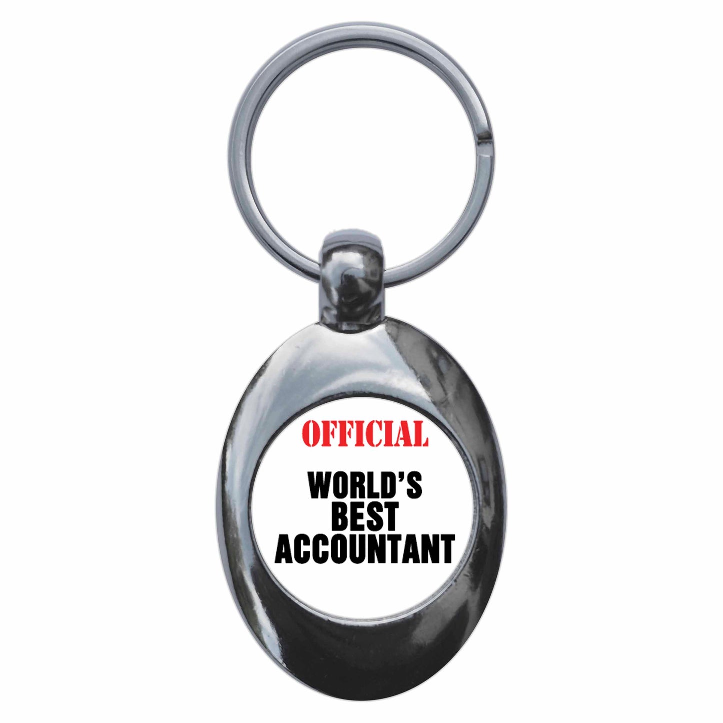 A picture of the front of the product, titled Official World's Best Accountant Metal Keyring With Trolley Coin