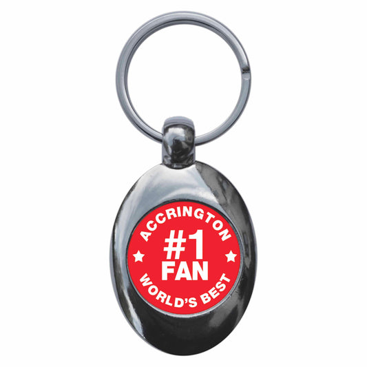 A picture of the front of the product, titled Accrington #1 Fan Metal Keyring With Trolley Coin