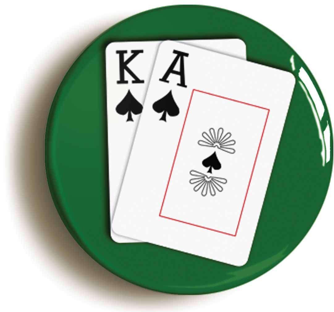 A picture of the front of the product, titled Ace King Playing Cards Texas Hold Em Poker Button Pin Badge