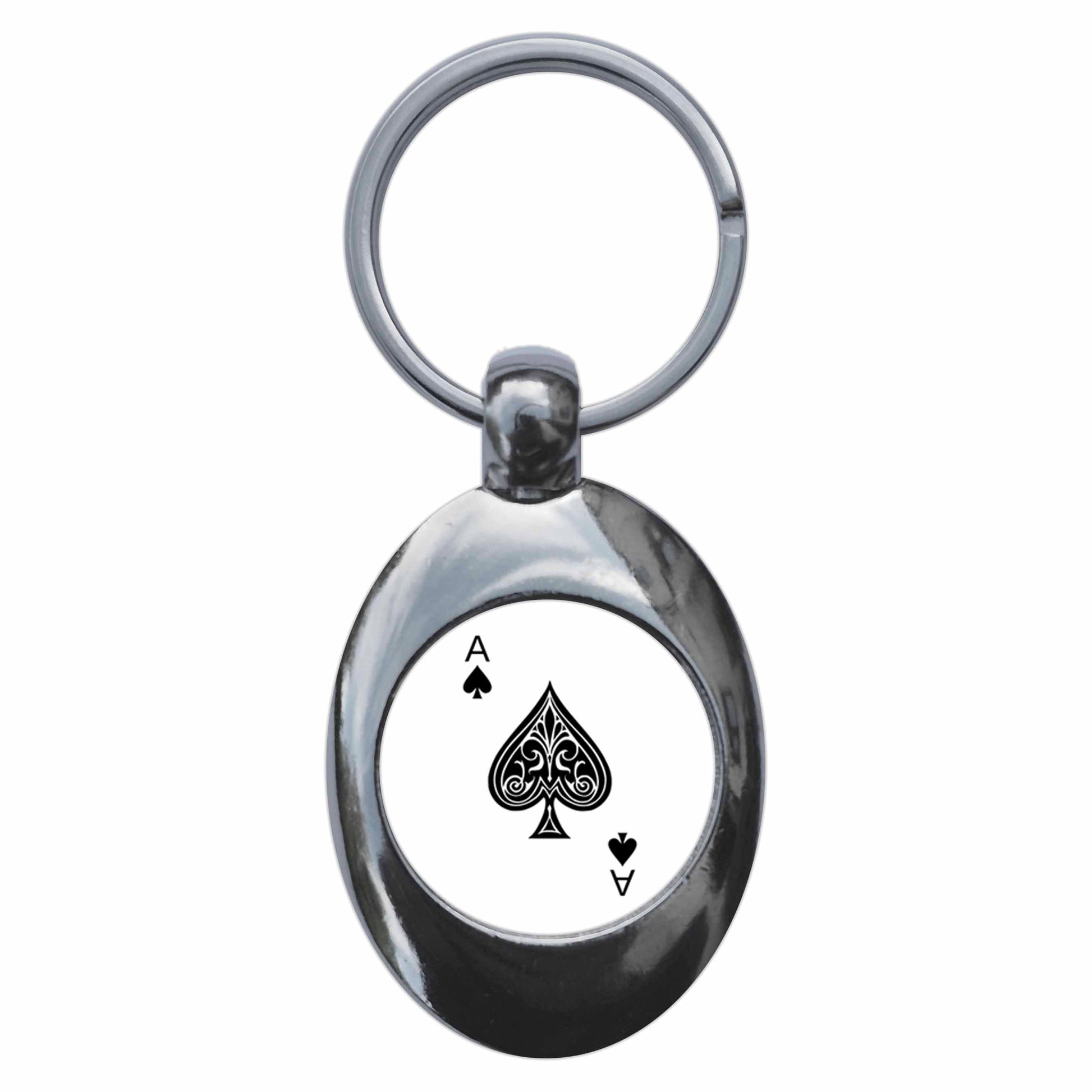 A picture of the front of the product, titled Ace Of Spades Metal Keyring With Trolley Coin