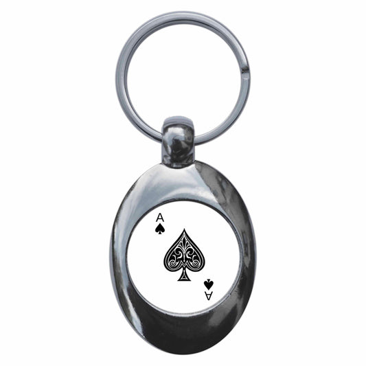 A picture of the front of the product, titled Ace Of Spades Metal Keyring With Trolley Coin