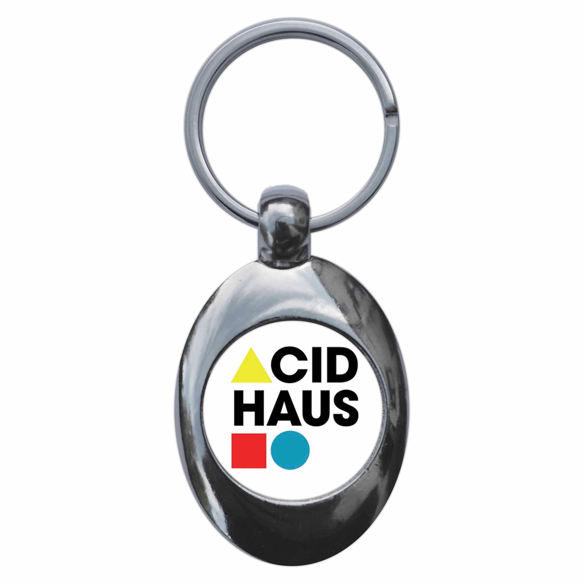 A picture of the front of the product, titled Acid Haus Metal Keyring With Trolley Coin
