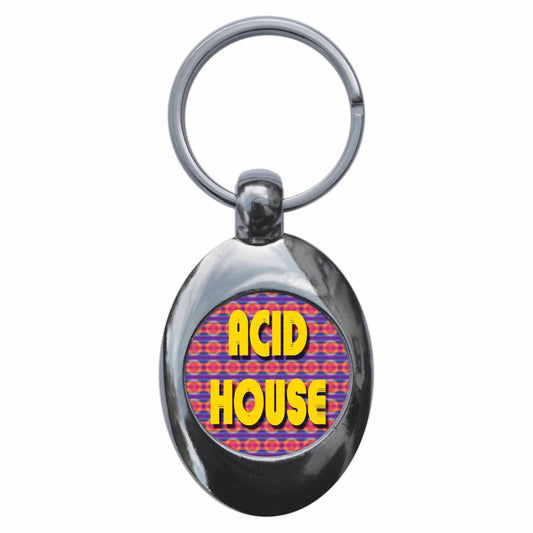A picture of the front of the product, titled Acid House Metal Keyring With Trolley Coin