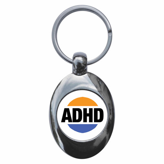 A picture of the front of the product, titled ADHD Metal Keyring With Trolley Coin