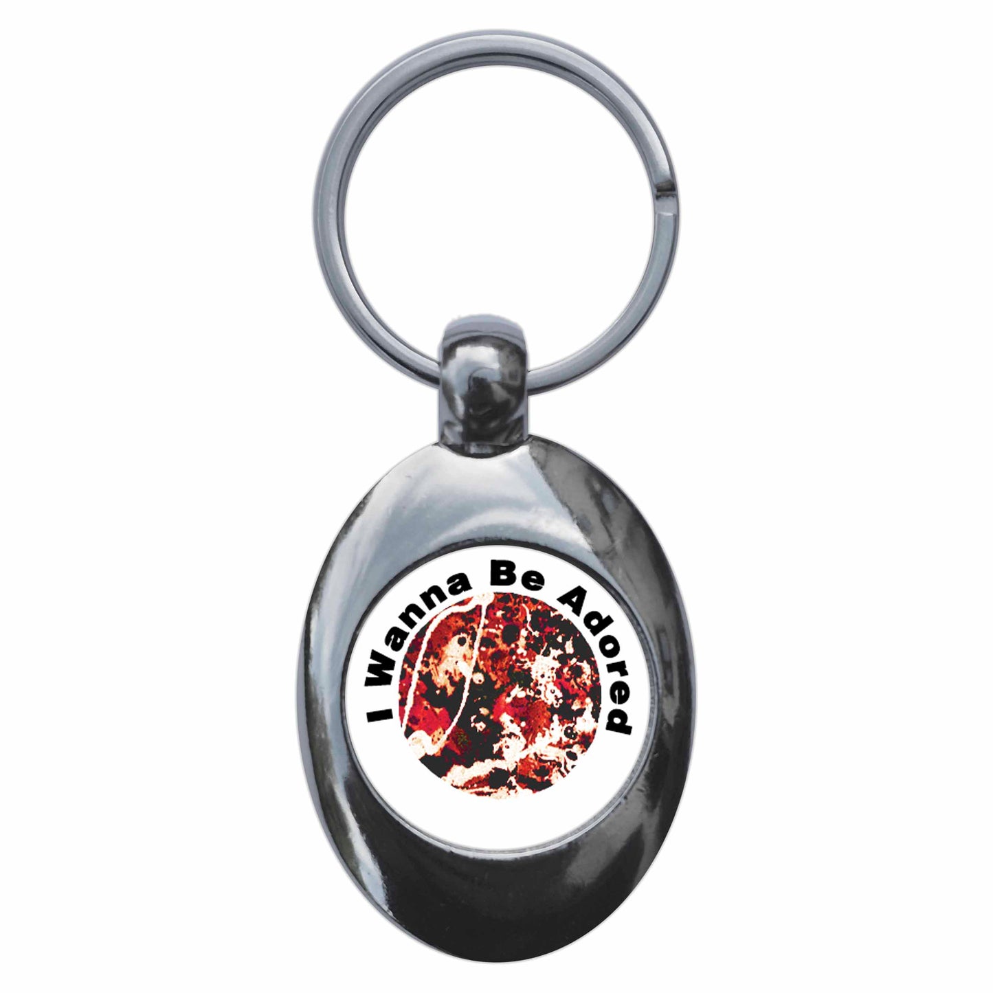 A picture of the front of the product, titled I Wanna Be Adored Metal Keyring With Trolley Coin