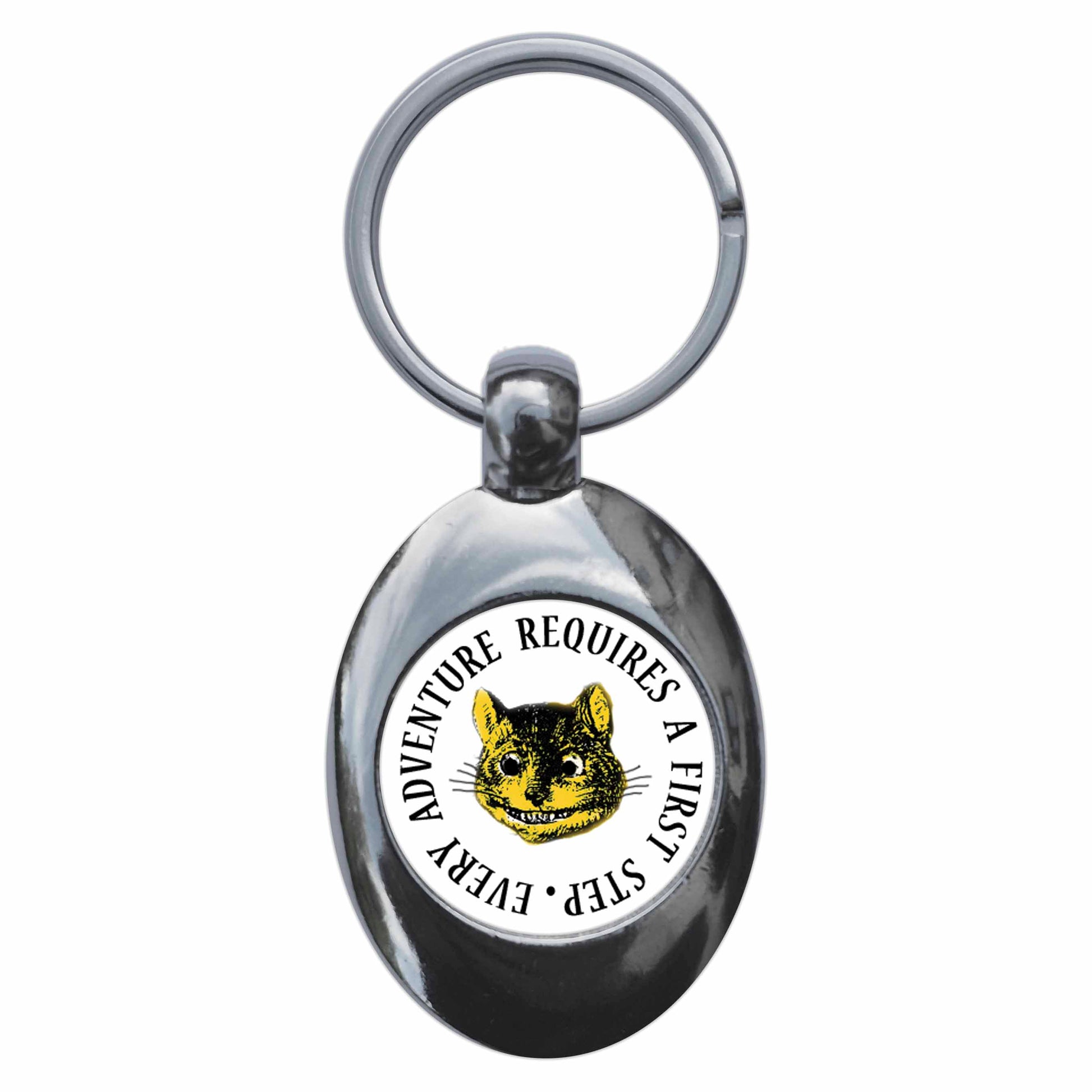 A picture of the front of the product, titled Every Adventure Requires A First Step Cheshire Cat Alice In Wonderland Metal Keyring With Trolley Coin