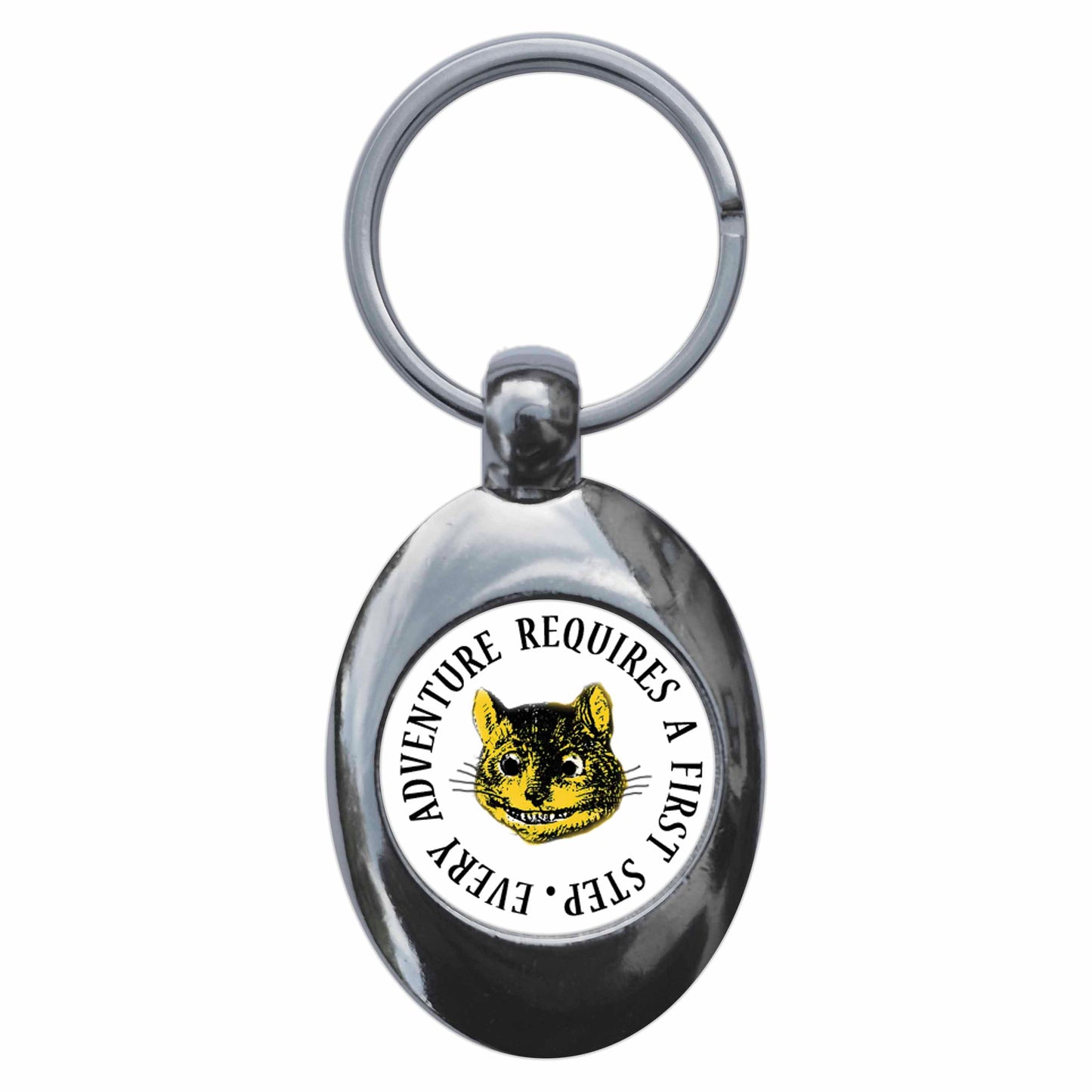 A picture of the front of the product, titled Every Adventure Requires A First Step Alice In Wonderland Cheshire Cat Metal Keyring With Trolley Coin