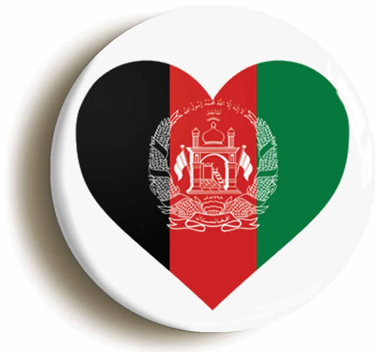 A picture of the front of the product, titled Afghanistan Afghan National Flag Heart Button Pin Badge