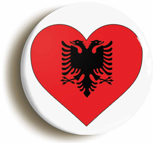 A picture of the front of the product, titled Albania Albanian National Flag Heart Button Pin Badge