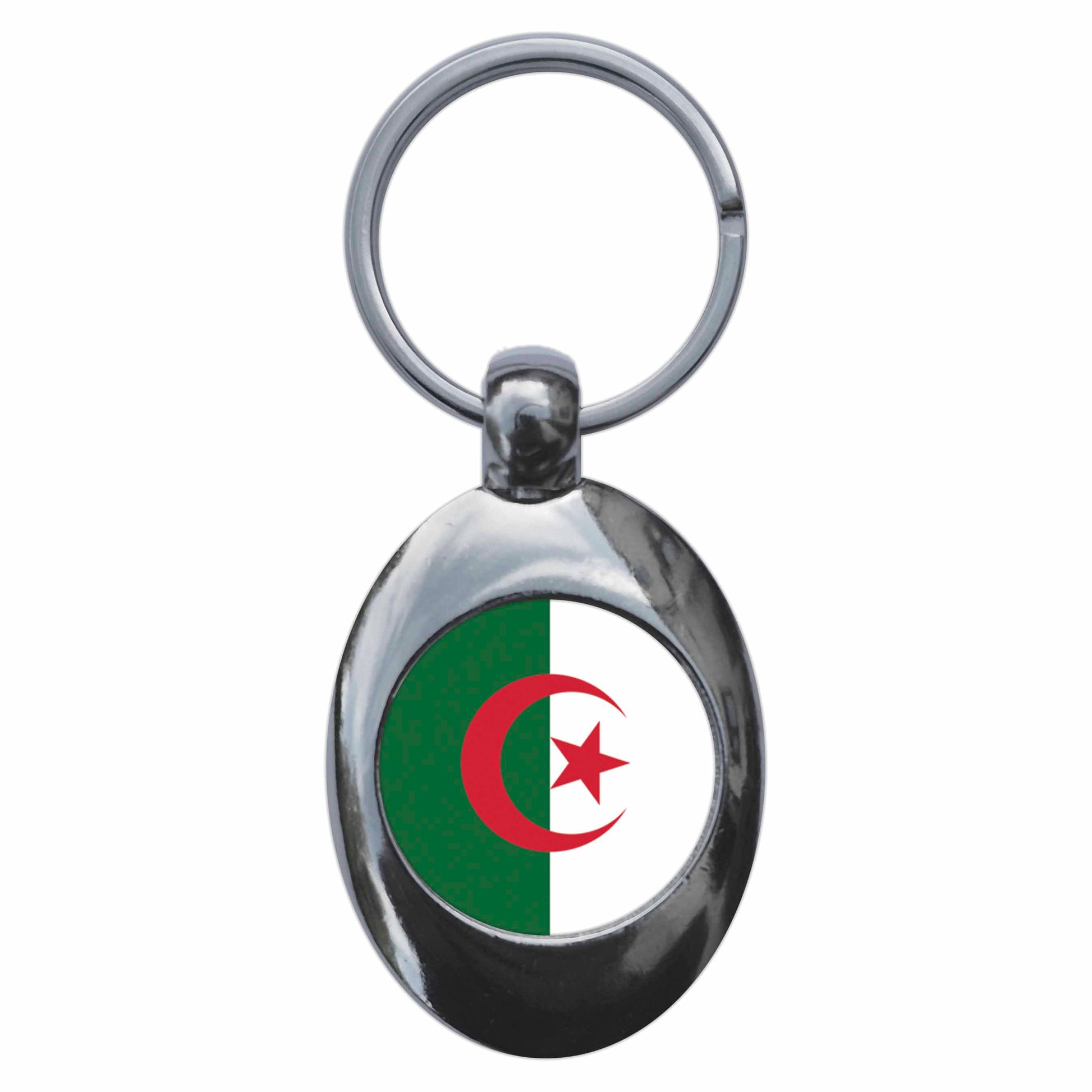 A picture of the front of the product, titled Algeria Algerian National Flag Metal Keyring With Trolley Coin