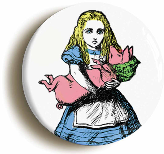 A picture of the front of the product, titled Alice In WonderlandPiglet Button Pin Badge