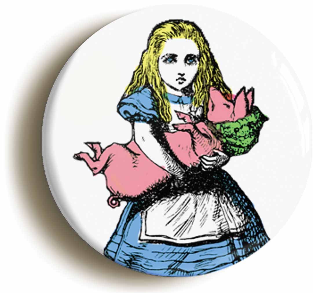 A picture of the front of the product, titled Piglet Alice In Wonderland Circular 50mm Fridge Magnet