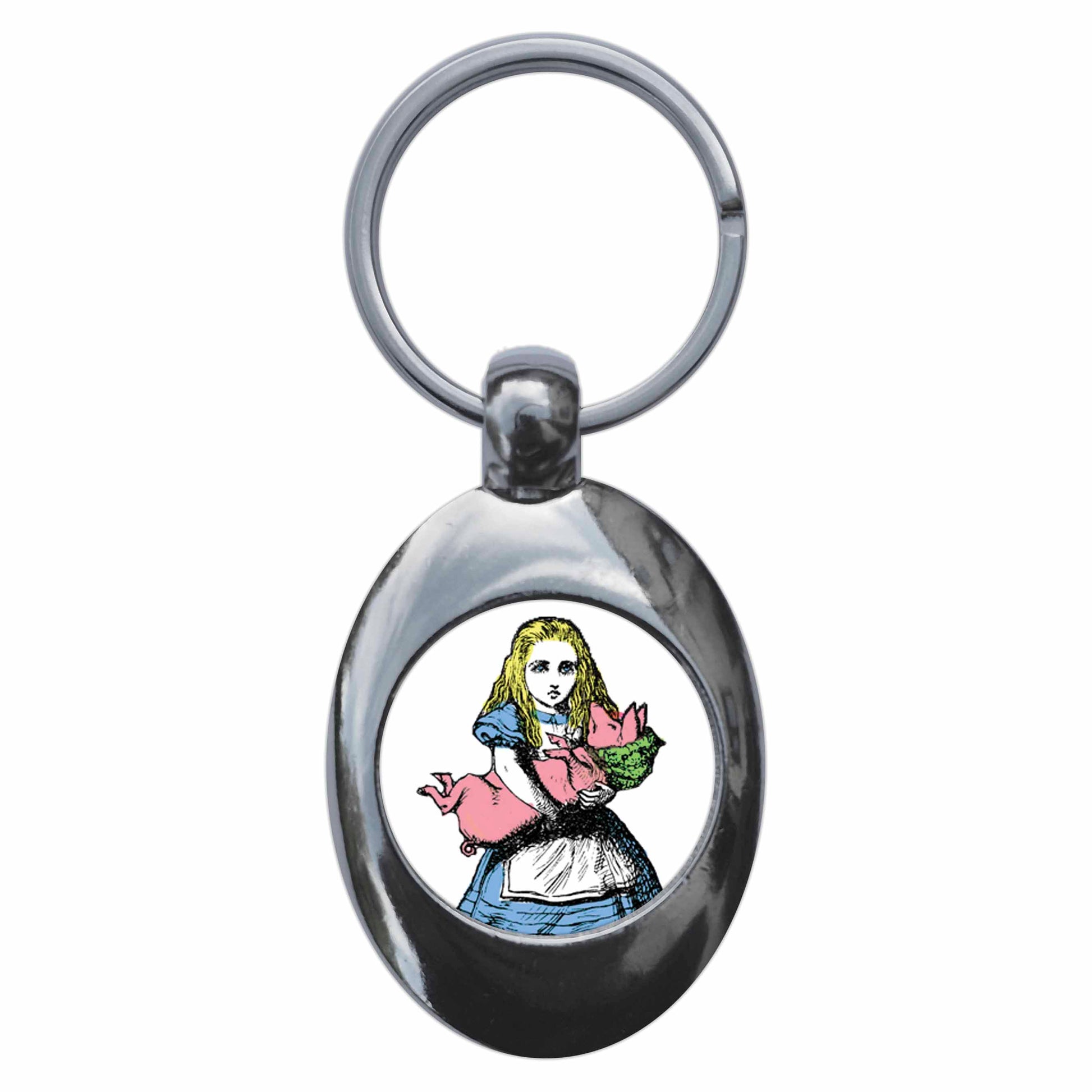 A picture of the front of the product, titled Piglet Alice In Wonderland Metal Keyring With Trolley Coin