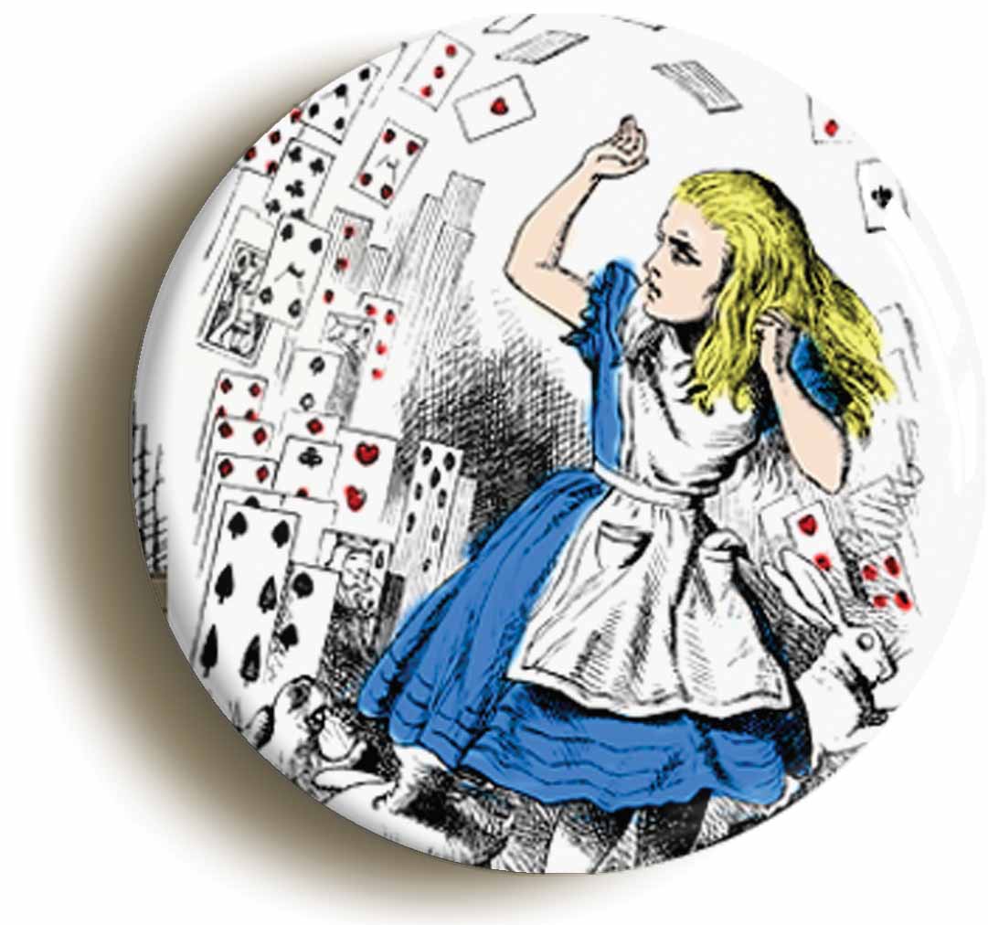 A picture of the front of the product, titled Alice In Wonderland(Size 1Inch/25Mm Diameter) Lewis Carroll Button Pin Badge