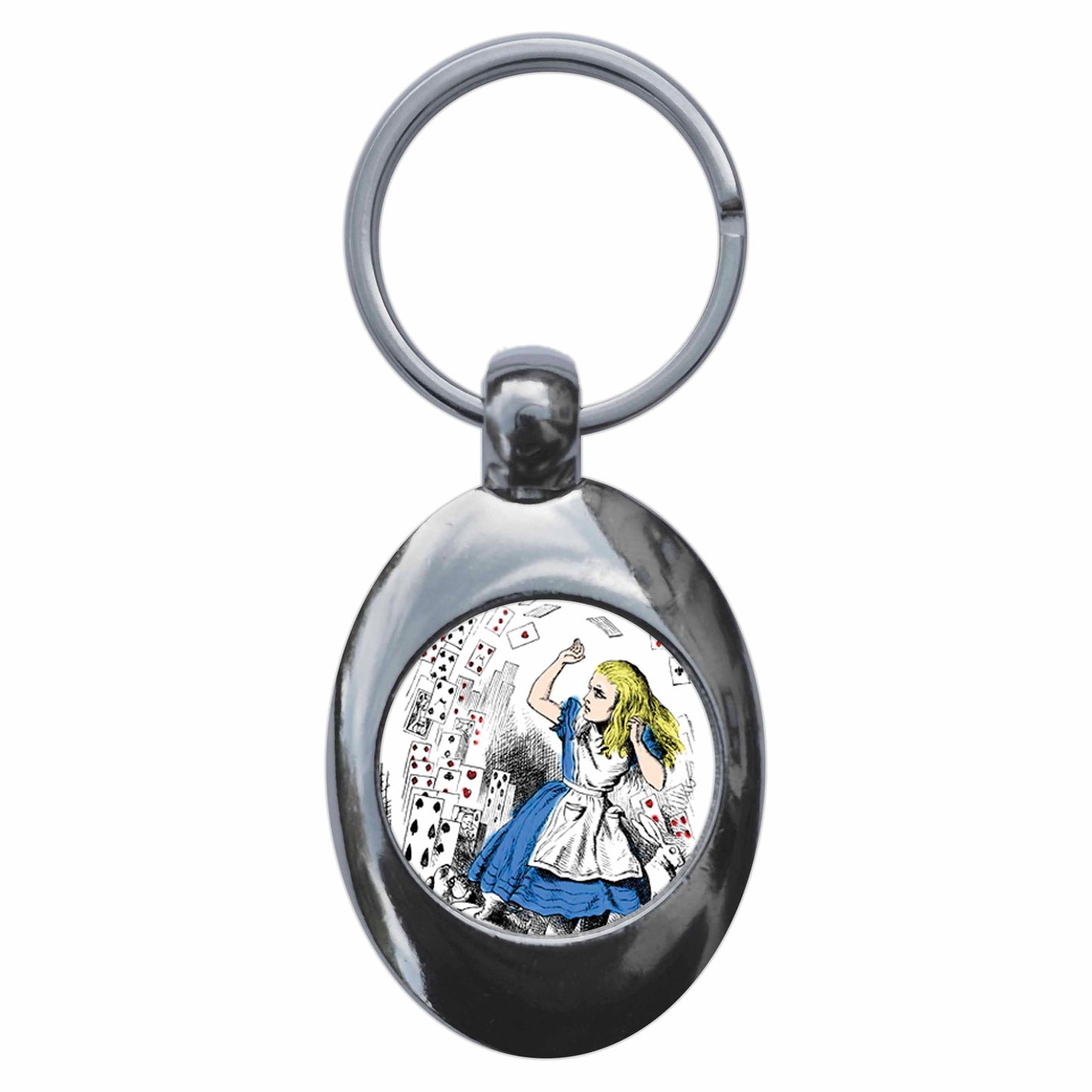 A picture of the front of the product, titled Flurry Of Cards Alice In Wonderland Metal Keyring With Trolley Coin