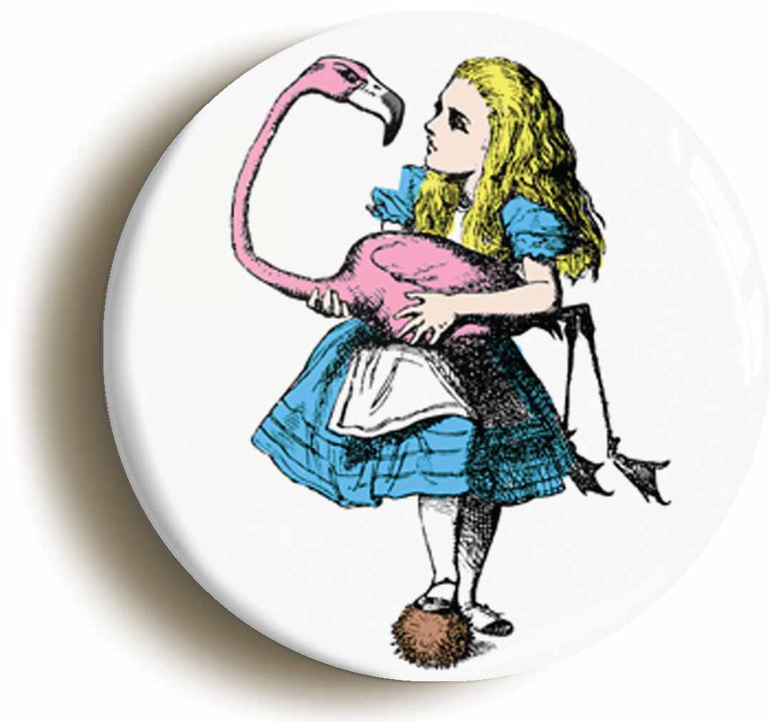 A picture of the front of the product, titled Alice In Wonderland Flamingo Button Pin Badge