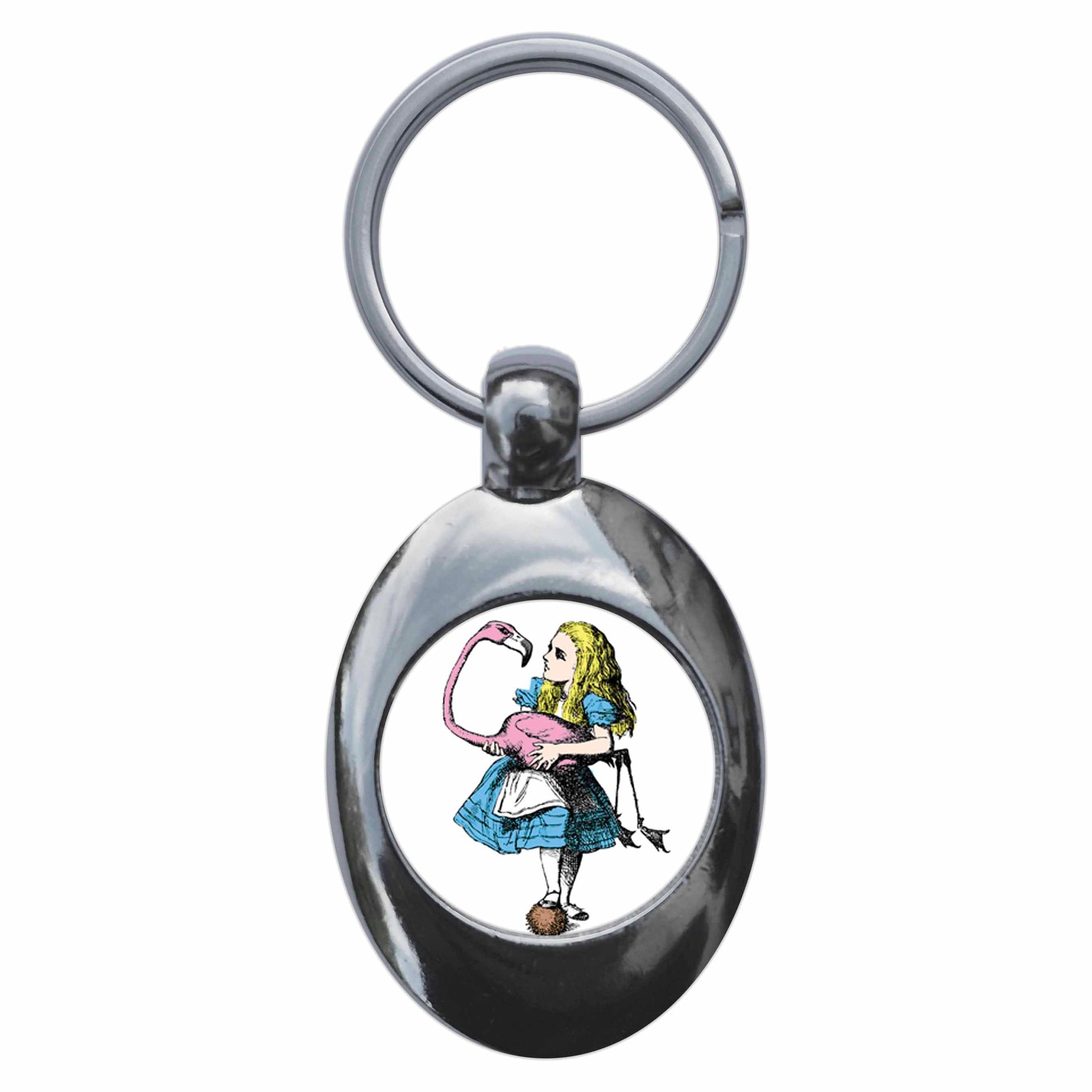 A picture of the front of the product, titled Alice In Wonderland Flamingo Metal Keyring With Trolley Coin