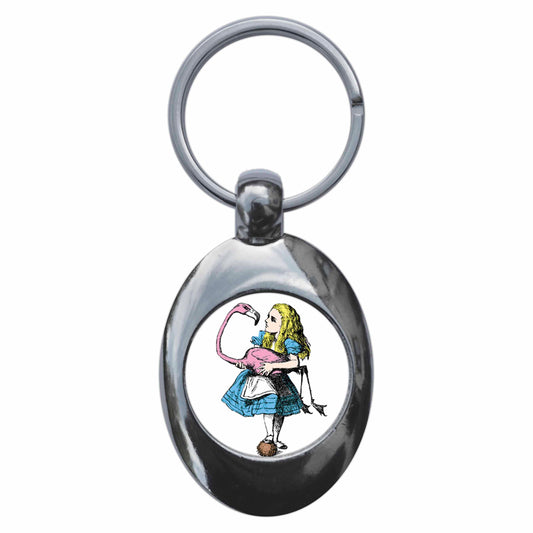 A picture of the front of the product, titled Alice In Wonderland Flamingo Metal Keyring With Trolley Coin