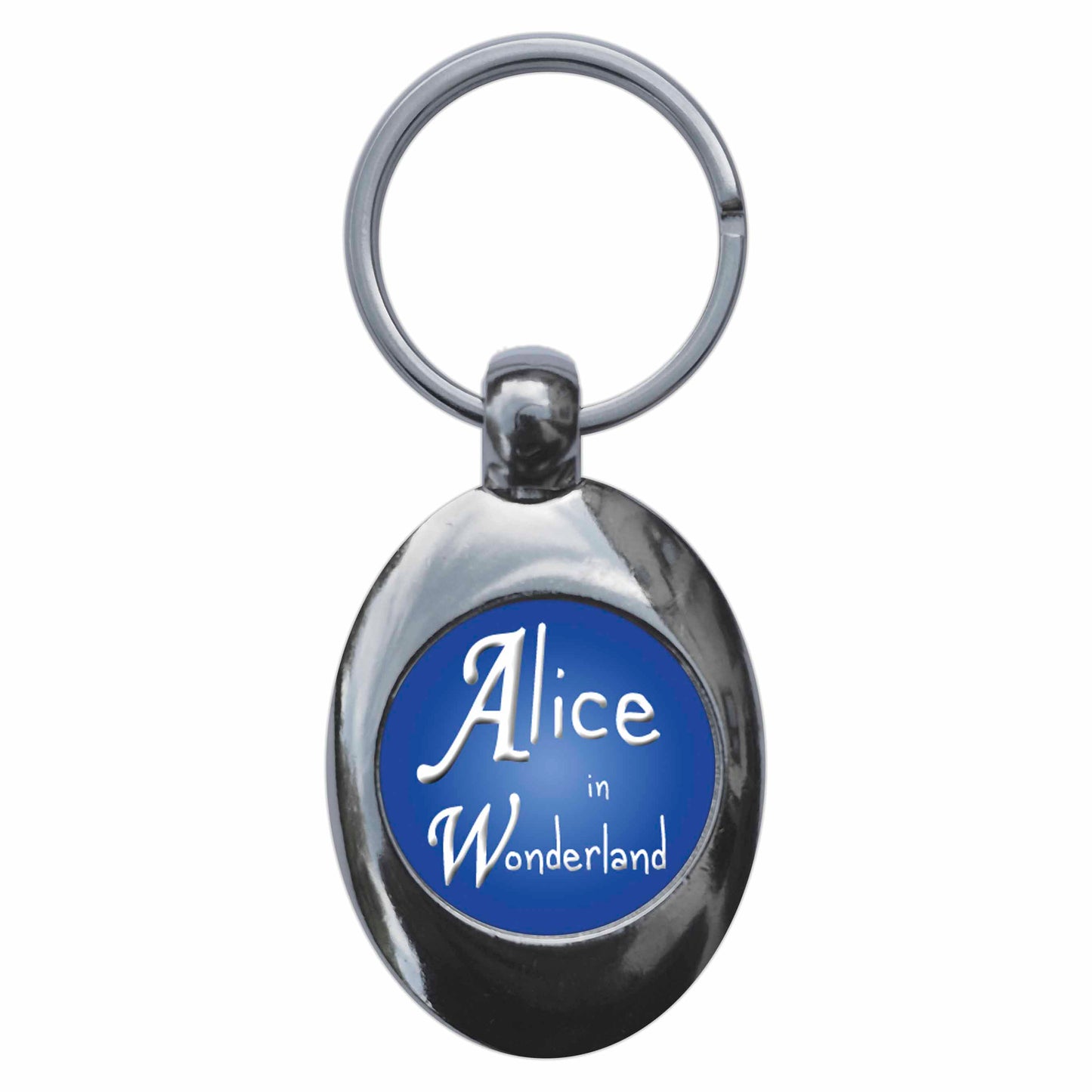 A picture of the front of the product, titled Alice In Wonderland Metal Keyring With Trolley Coin