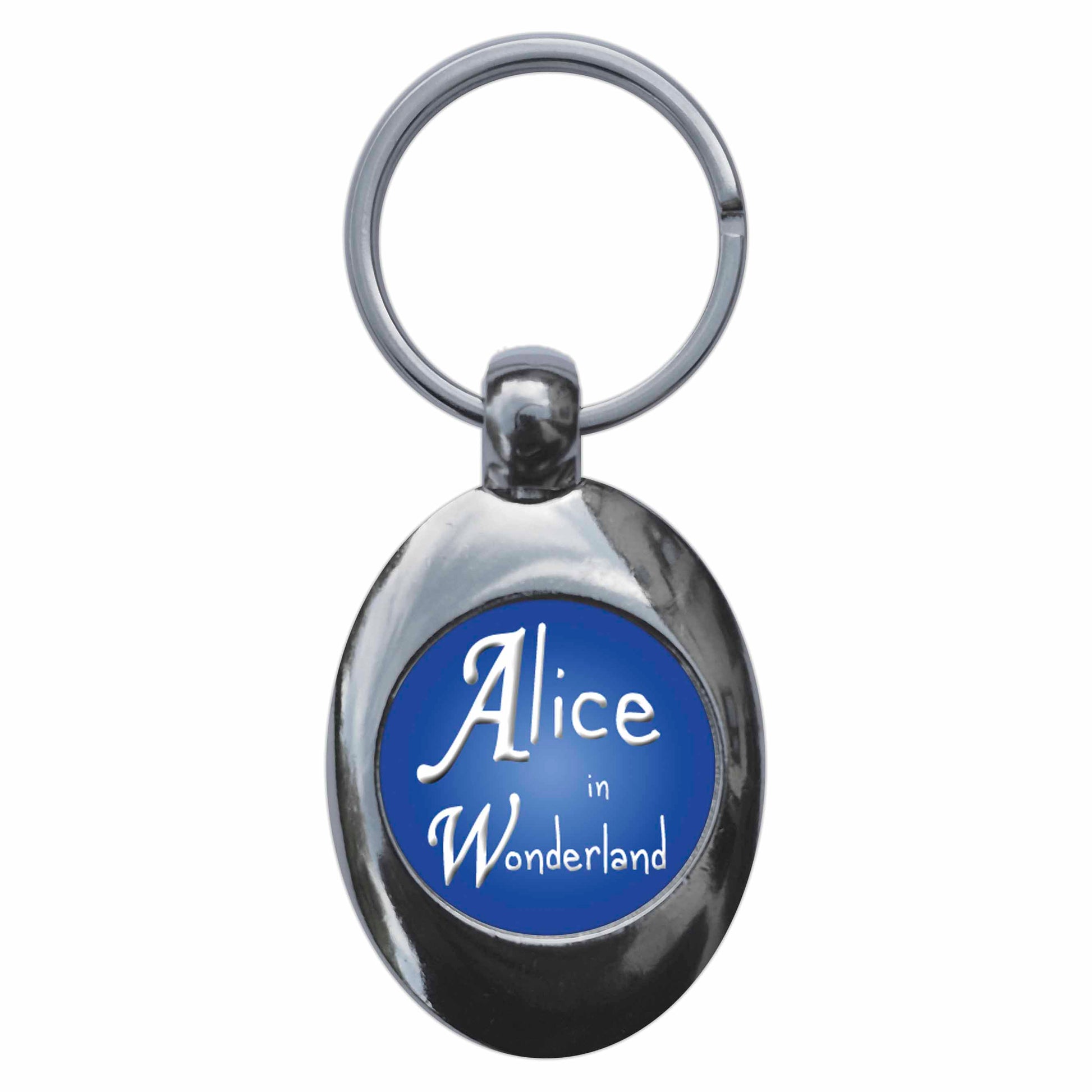 A picture of the front of the product, titled Alice In Wonderland Metal Keyring With Trolley Coin