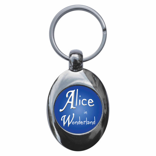 A picture of the front of the product, titled Alice In Wonderland Metal Keyring With Trolley Coin