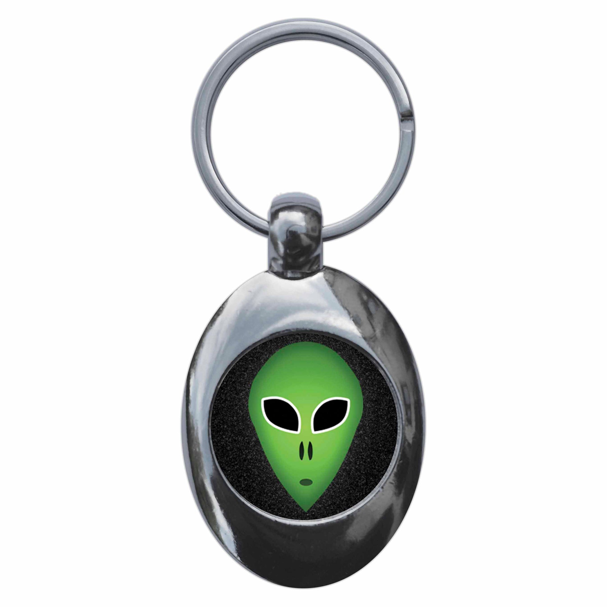 A picture of the front of the product, titled Alien Head Metal Keyring With Trolley Coin