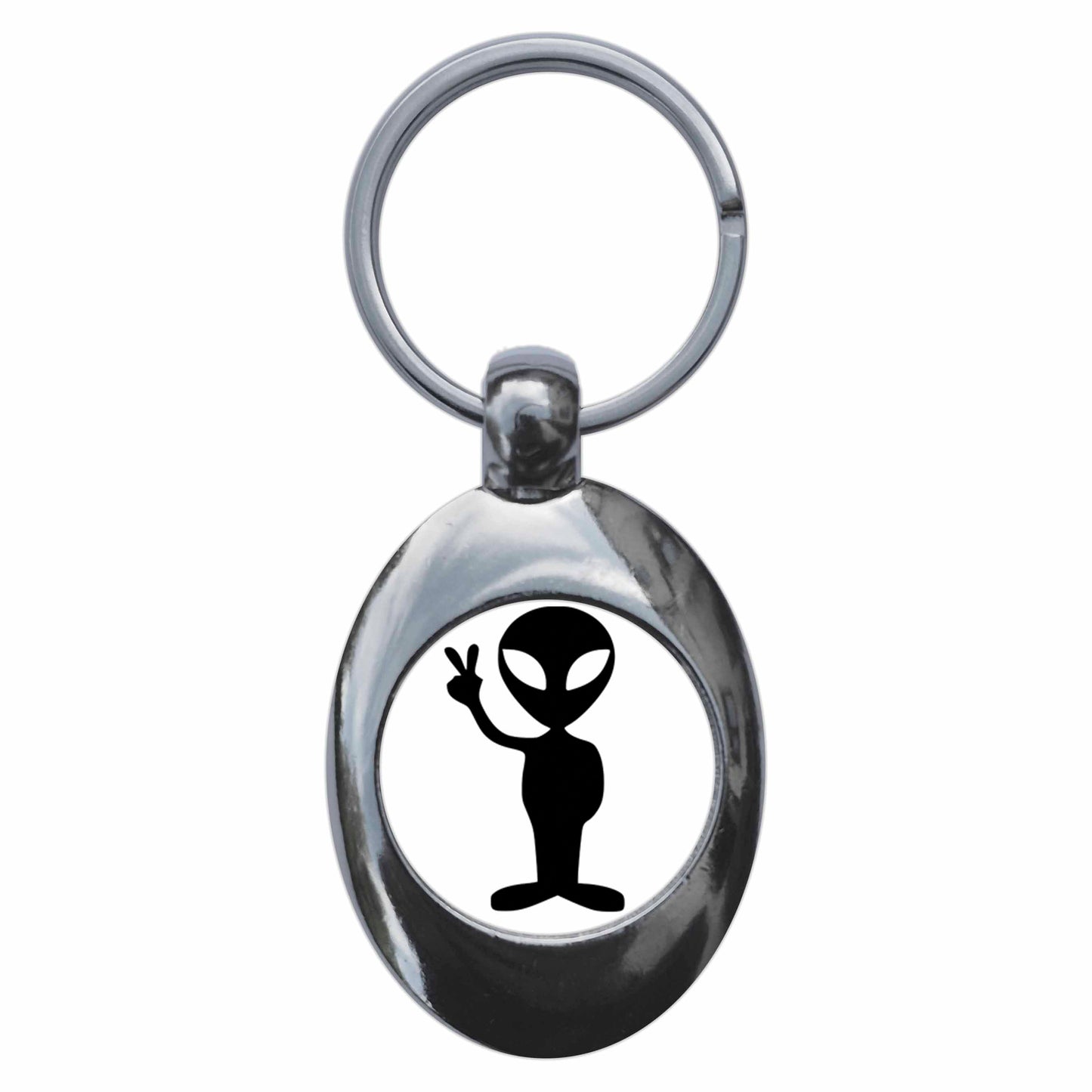 A picture of the front of the product, titled Peace Alien Metal Keyring With Trolley Coin