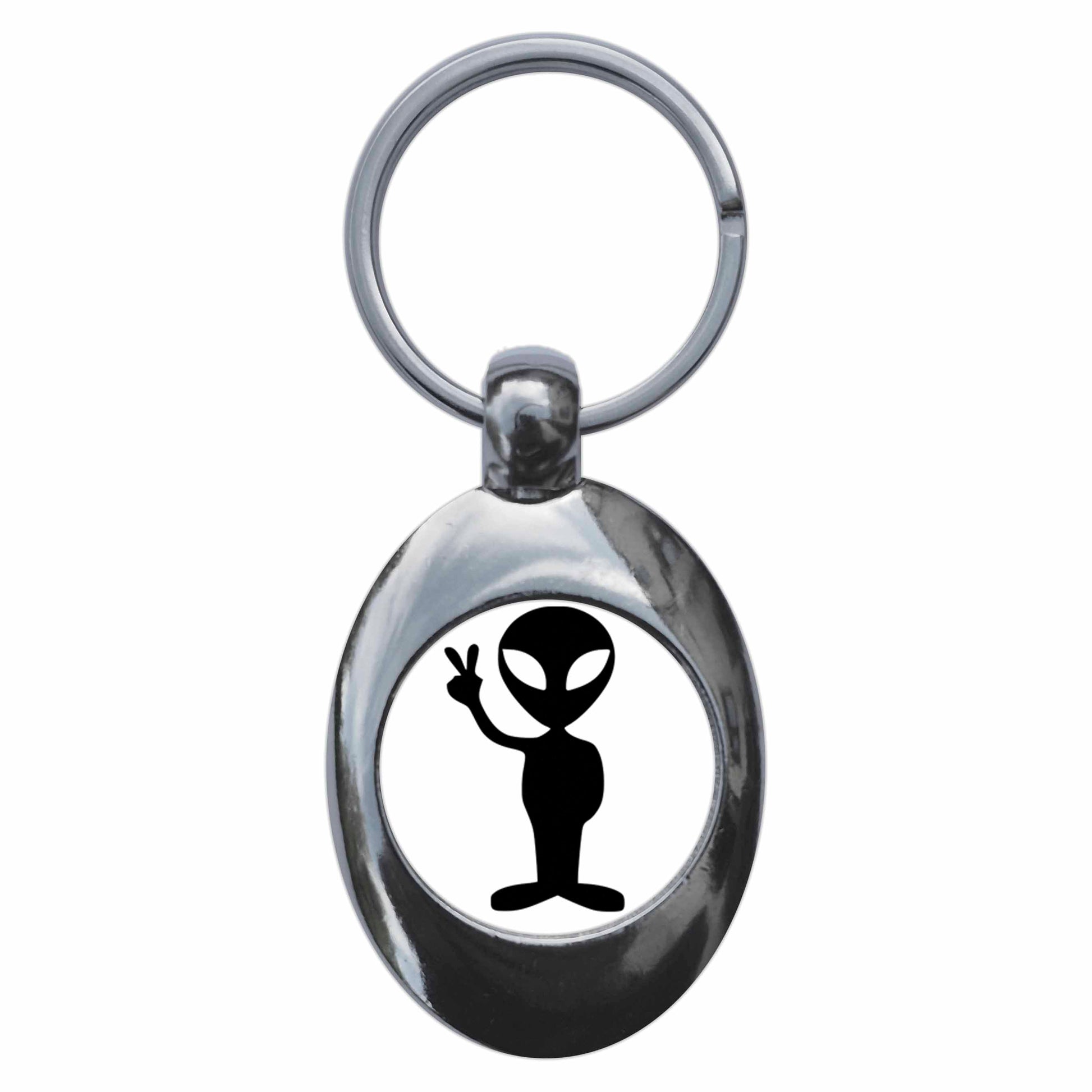 A picture of the front of the product, titled Peace Alien Metal Keyring With Trolley Coin