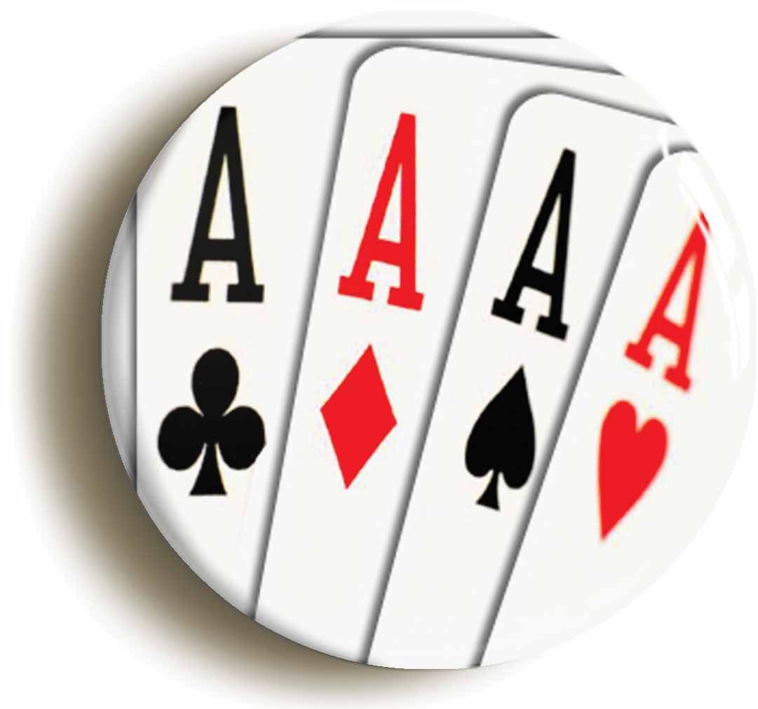 A picture of the front of the product, titled Four Aces Playing Cards Poker Texas Hold Em Button Pin Badge
