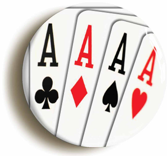 A picture of the front of the product, titled Four Aces Playing Cards Poker Texas Hold Em Button Pin Badge