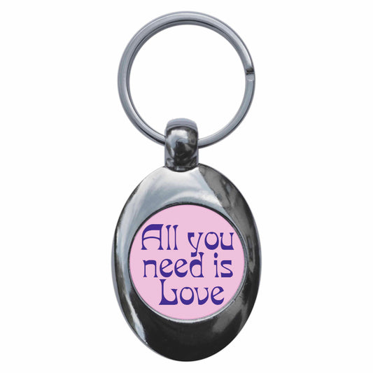 A picture of the front of the product, titled All You Need Is Love Metal Keyring With Trolley Coin