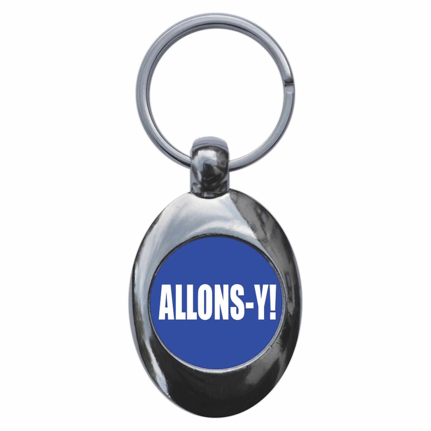 A picture of the front of the product, titled Allons-Y Metal Keyring With Trolley Coin
