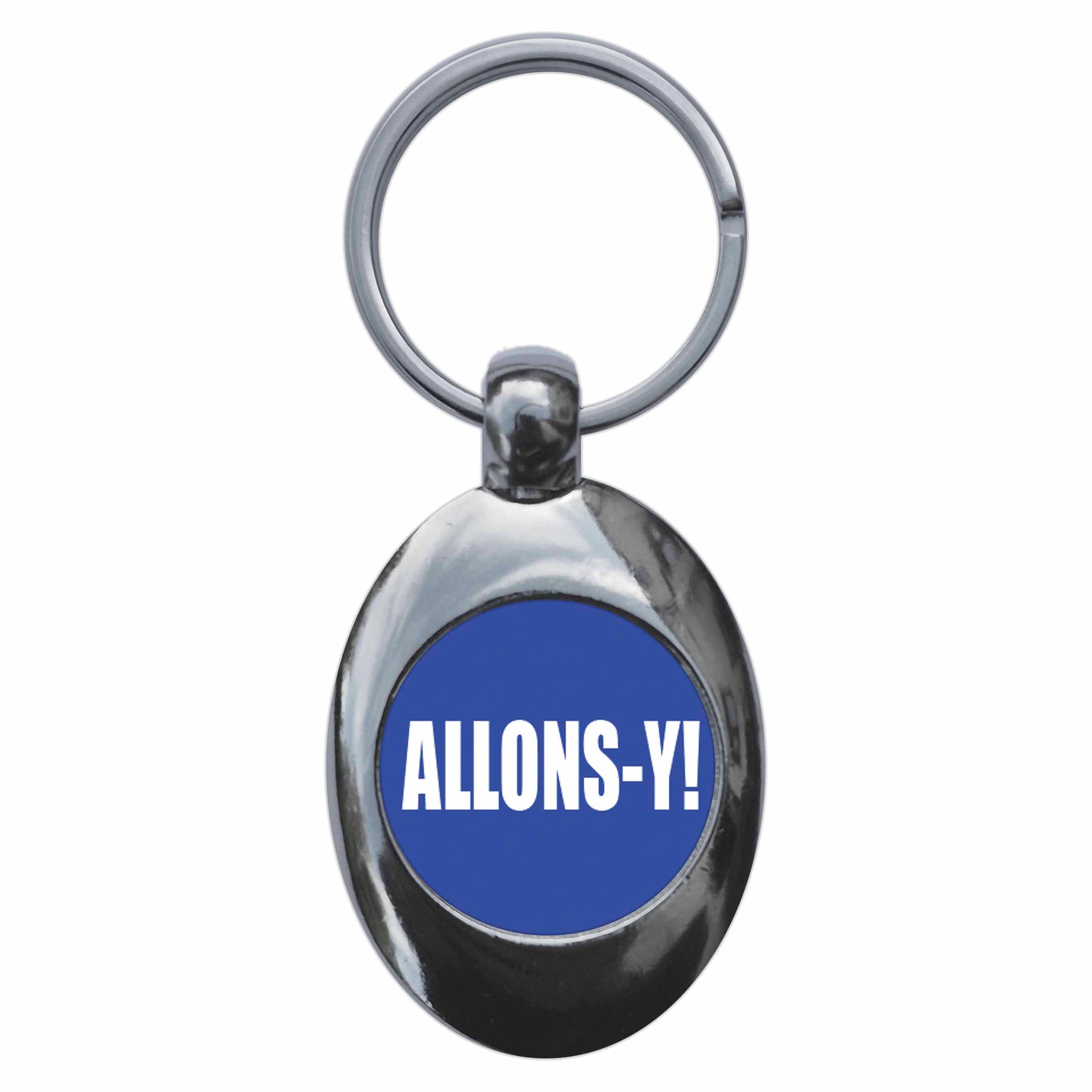 A picture of the front of the product, titled Allons-Y Metal Keyring With Trolley Coin