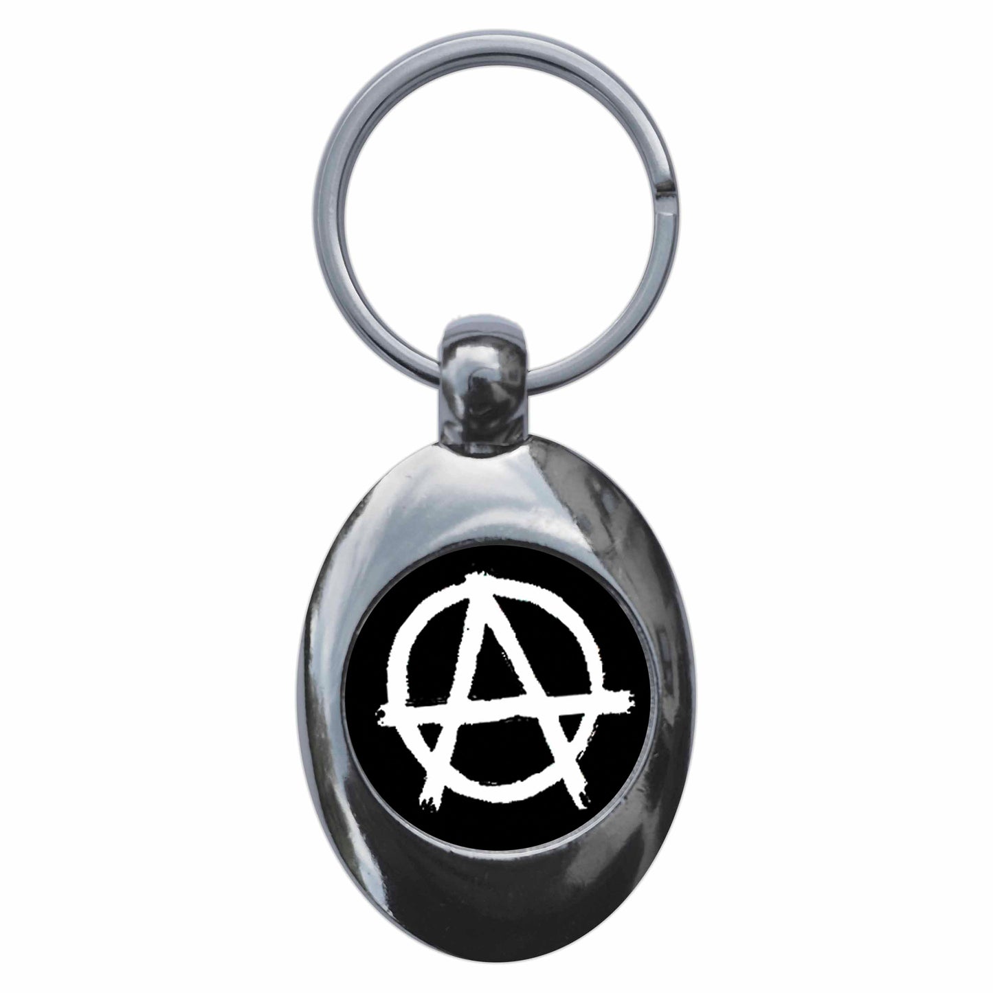 A picture of the front of the product, titled Anarchy Punk Black Metal Keyring With Trolley Coin