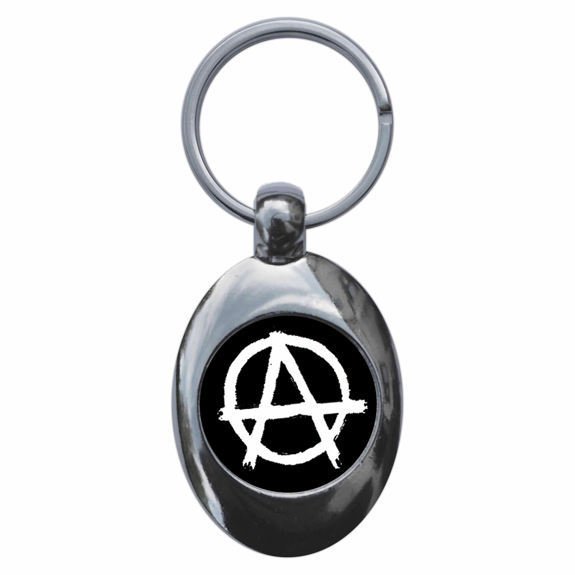 A picture of the front of the product, titled Anarchy Punk Black Metal Keyring With Trolley Coin