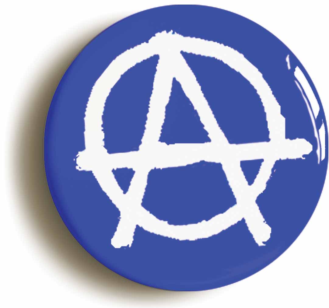 A picture of the front of the product, titled Anarchy Punk Blue Button Pin Badge