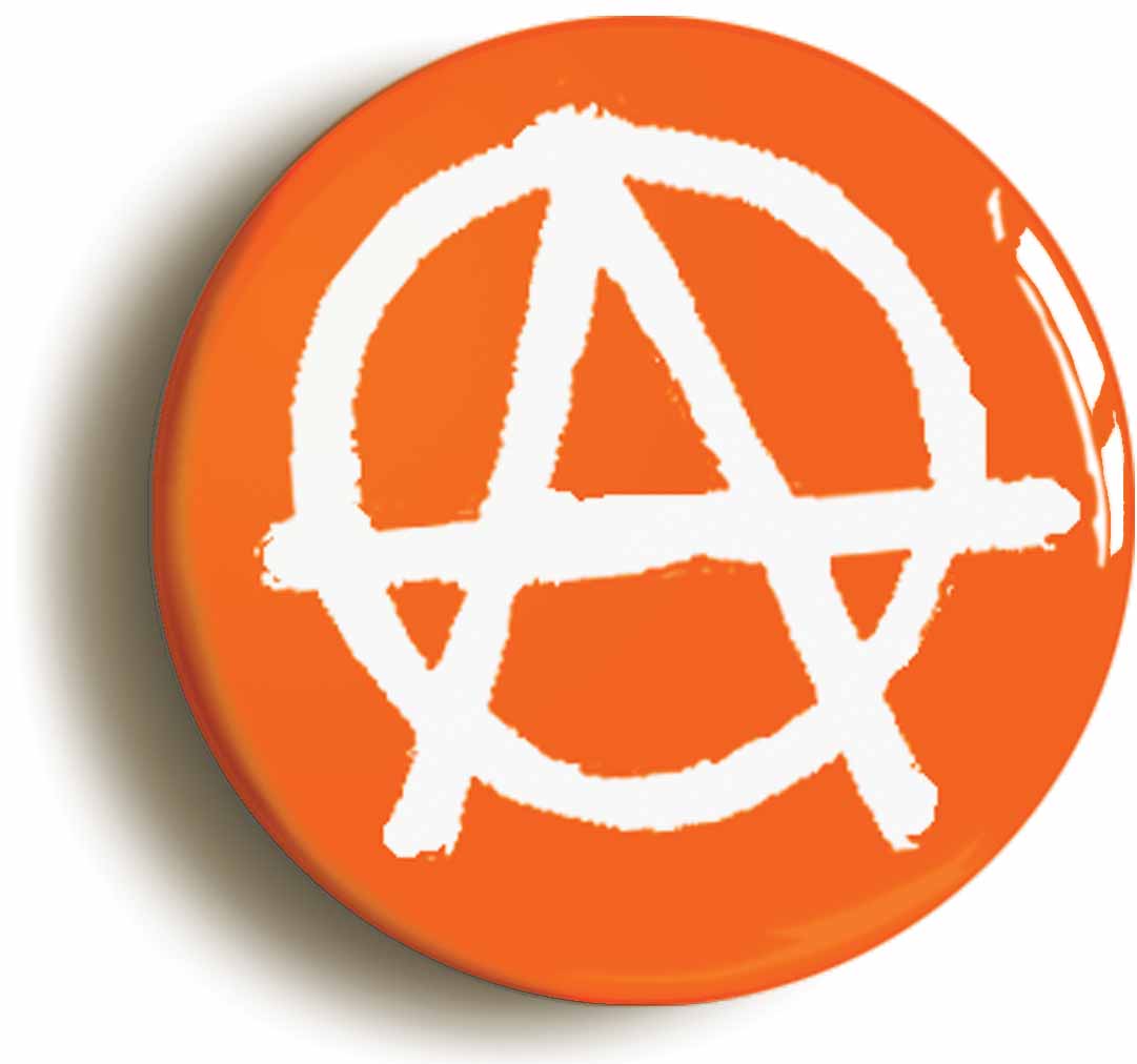 A picture of the front of the product, titled Anarchy Punk Orange Button Pin Badge