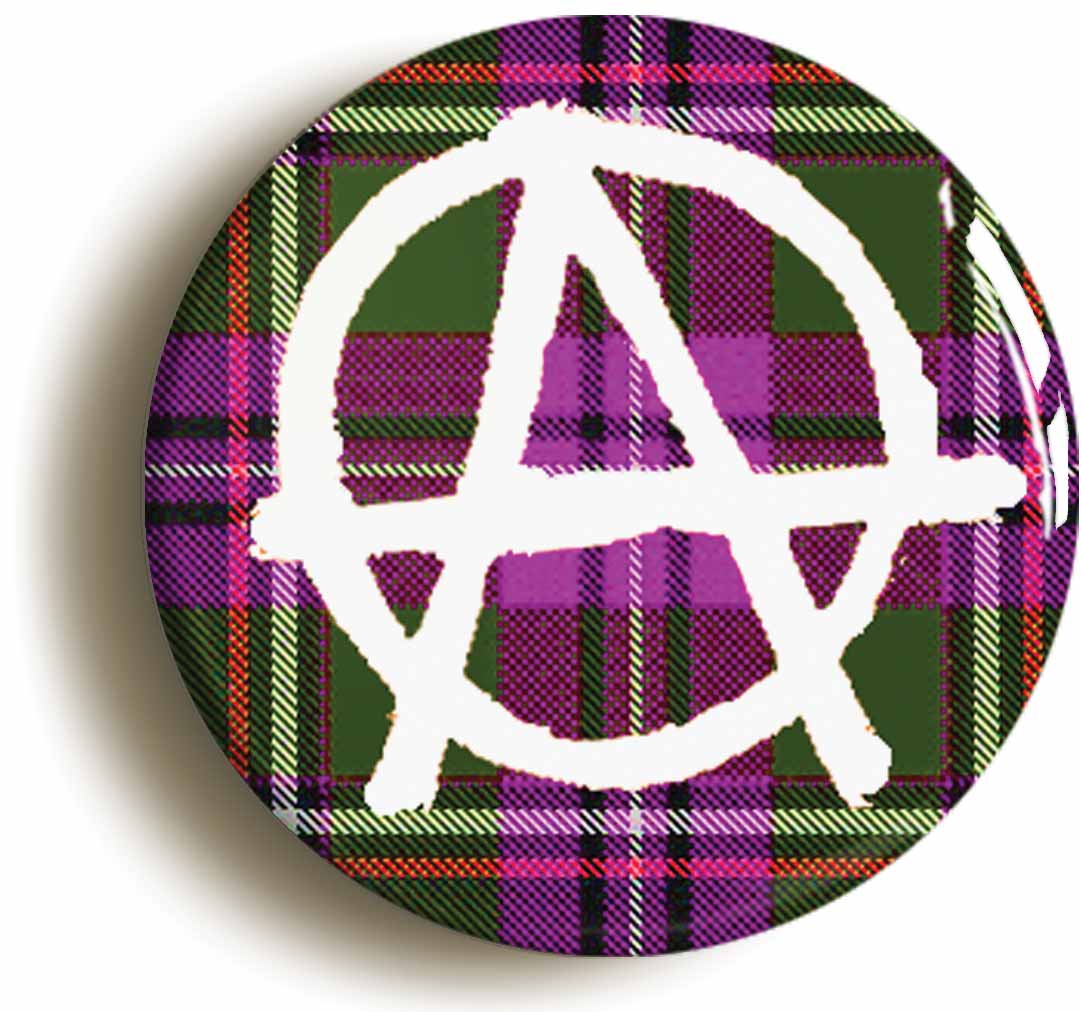 A picture of the front of the product, titled Scottish Tartan Anarchy Punk Button Pin Badge