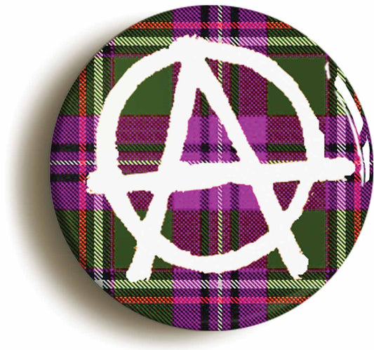 A picture of the front of the product, titled Scottish Tartan Anarchy Punk Button Pin Badge