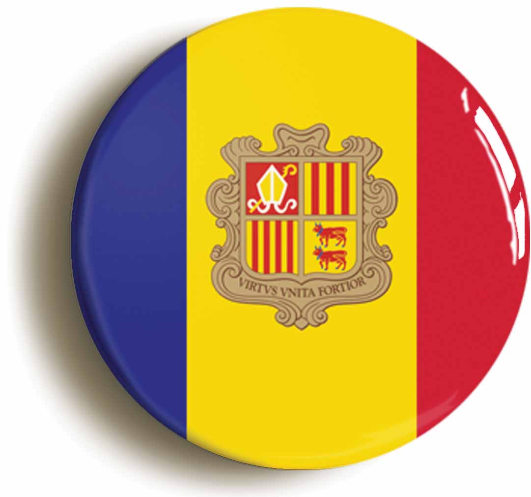 A picture of the front of the product, titled Andorra Andorran National Flag Button Pin Badge