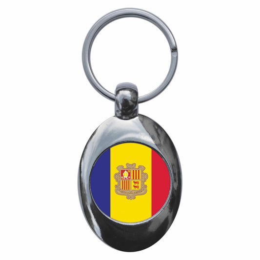 A picture of the front of the product, titled Andorra Andorran National Flag Metal Keyring With Trolley Coin