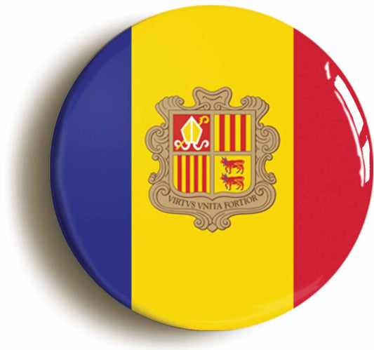 A picture of the front of the product, titled Andorra Andorran National Flag Circular 50mm Fridge Magnet