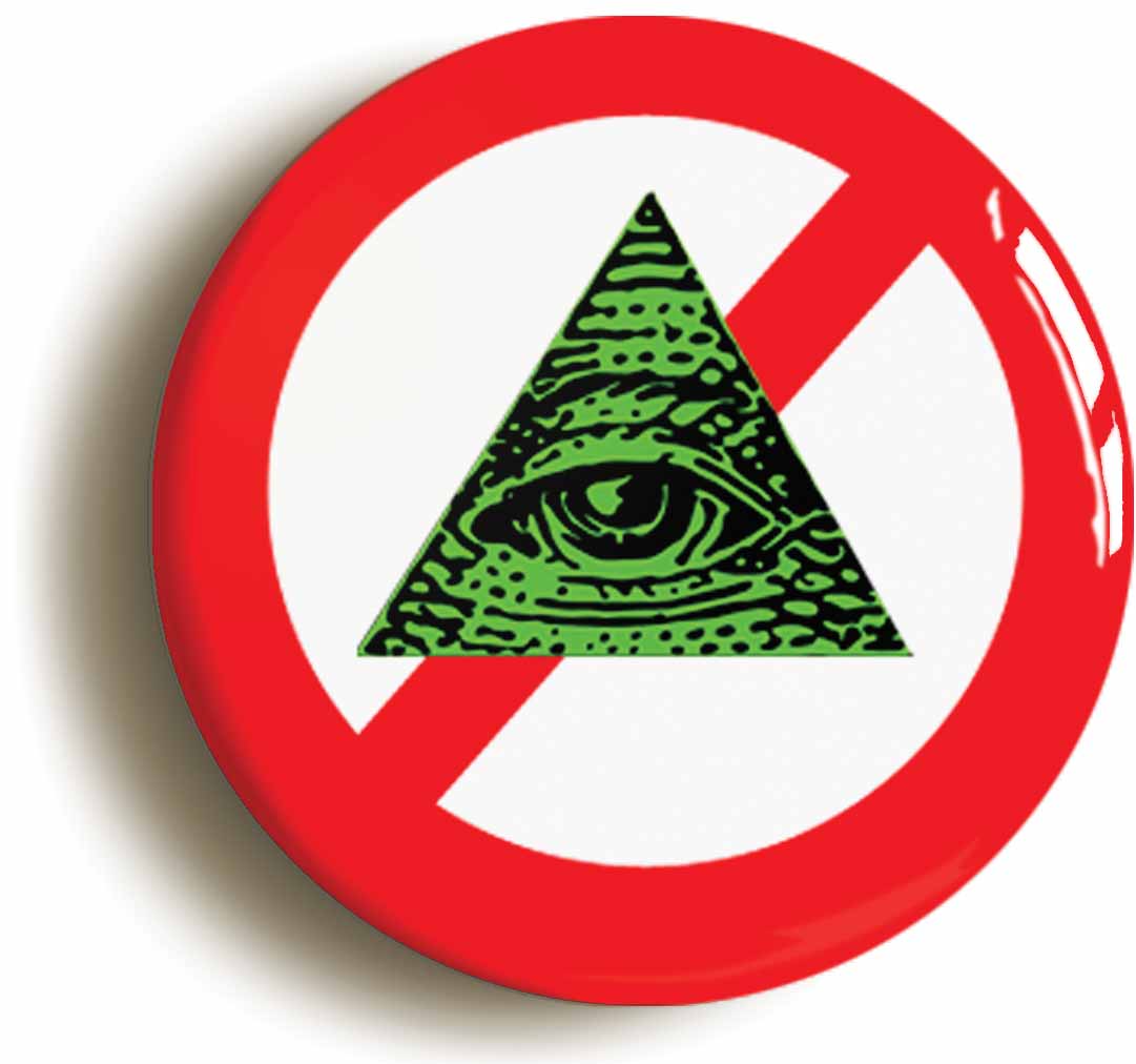 A picture of the front of the product, titled Anti Elite Illuminati Conspiracy Button Pin Badge